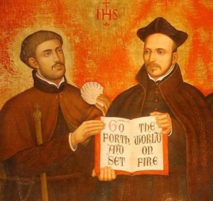 Detail from illustration of the first Jesuit companions by Dorothy N. Bittau in America Magazine. Francis Xavier and Ignatius Loyola are shown. https://www.americamagazine.org/faith/2012/08/02/friendship-peter-favre-and-early-jesuits/